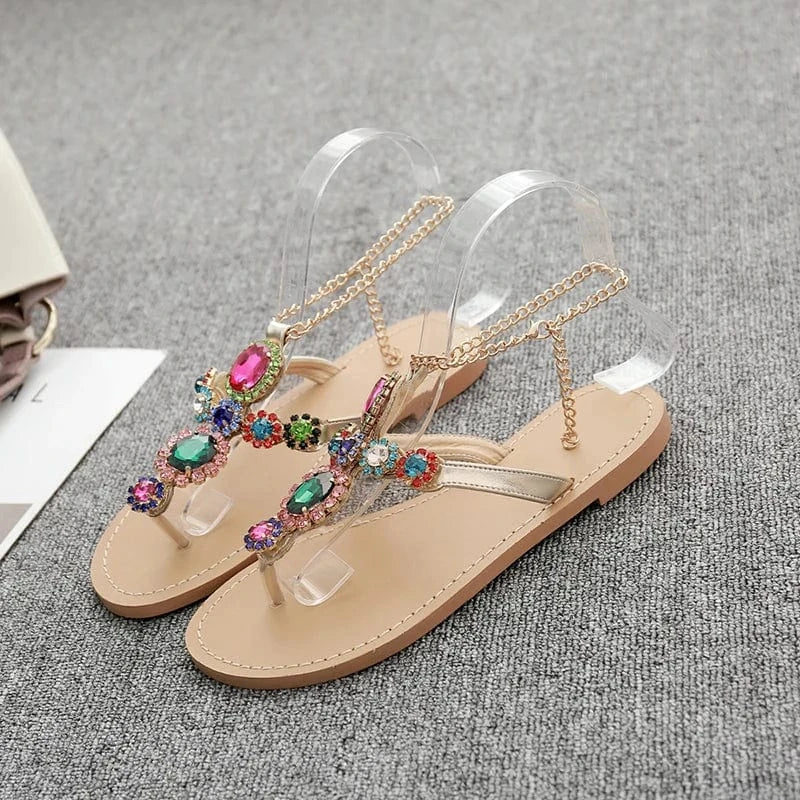 Ladies Sandals Chain Rhinestone Summer Shoes Ladies Beach Flat Sandals XL Flip Flops