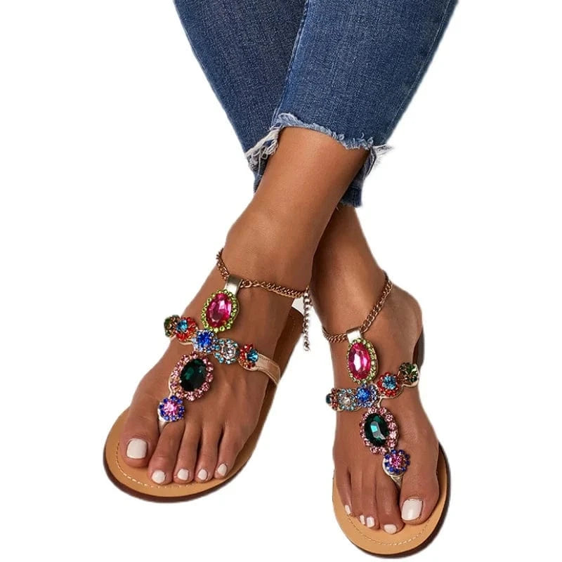 Ladies Sandals Chain Rhinestone Summer Shoes Ladies Beach Flat Sandals XL Flip Flops
