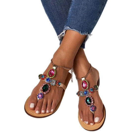 Ladies Sandals Chain Rhinestone Summer Shoes Ladies Beach Flat Sandals XL Flip Flops