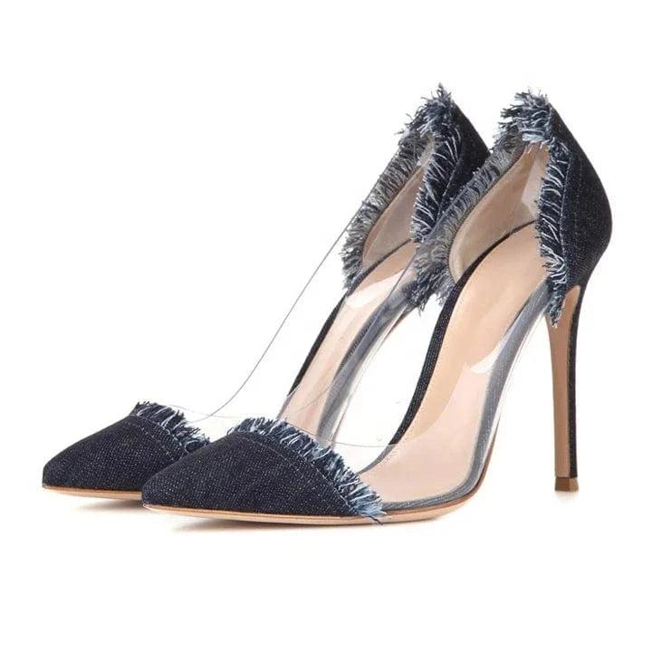 Ladies Shoes Chengdu Factory Manufacture Fashionable Stiletto Transparent PVC Denim Pumps