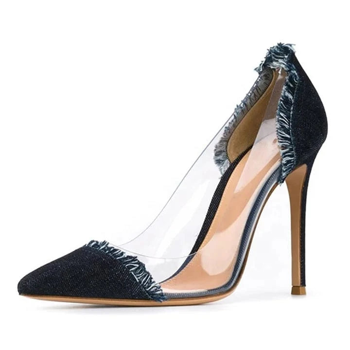 Ladies Shoes Chengdu Factory Manufacture Fashionable Stiletto Transparent PVC Denim Pumps