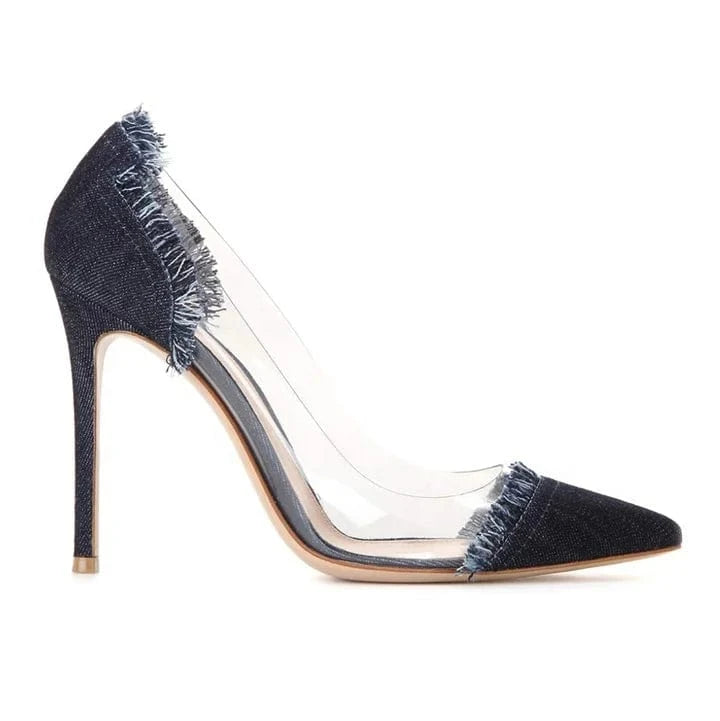 Ladies Shoes Chengdu Factory Manufacture Fashionable Stiletto Transparent PVC Denim Pumps