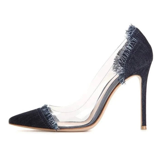 Ladies Shoes Chengdu Factory Manufacture Fashionable Stiletto Transparent PVC Denim Pumps
