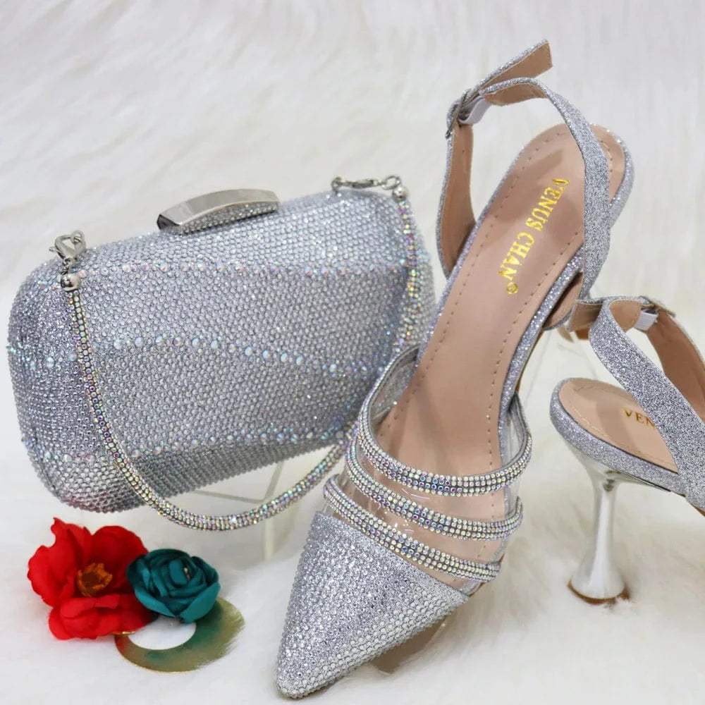 ladies shoes wholesale ladies high heel shoes and full of diamond bag set 2025