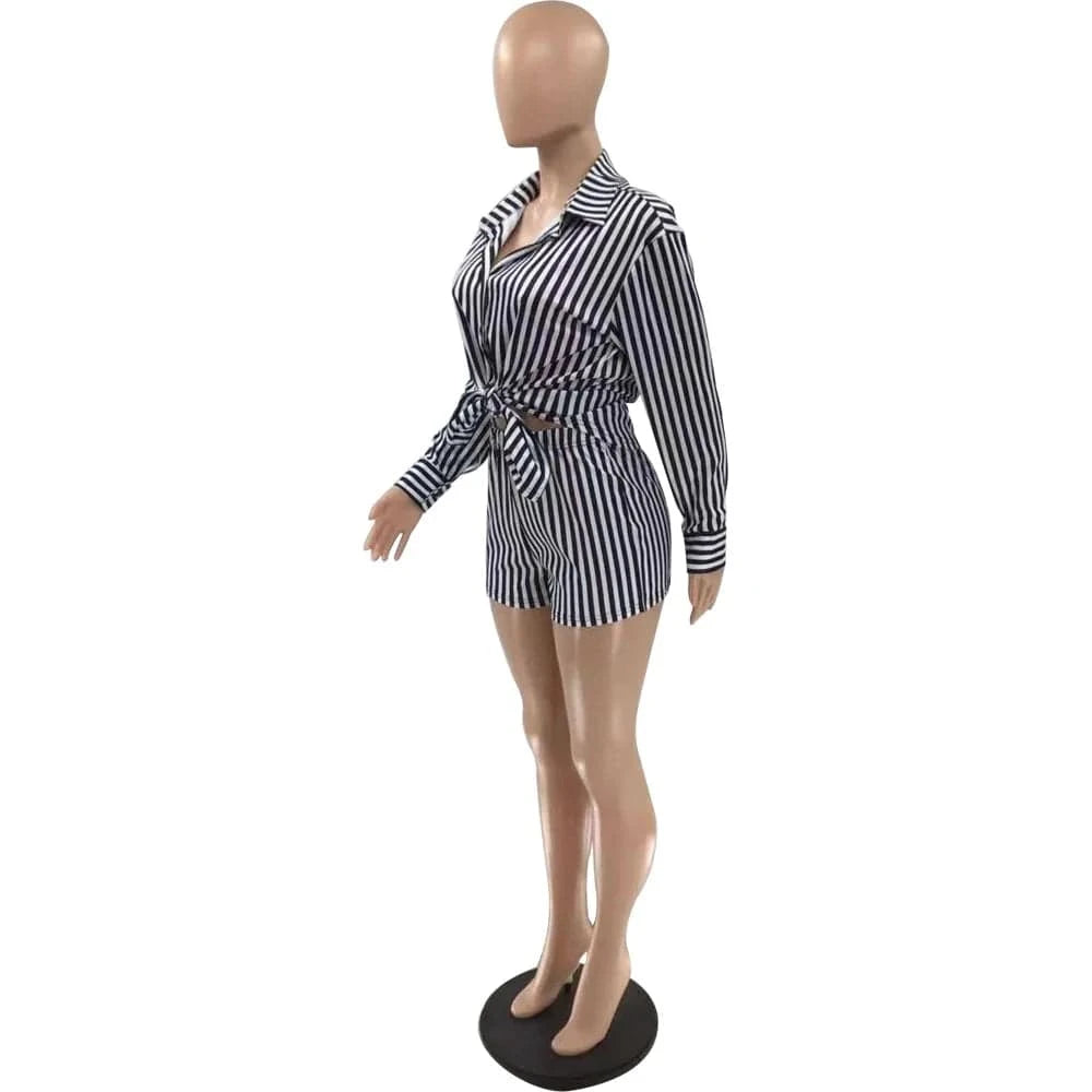 Ladies Shorts and Top Set Women Shirt 2 Piece Summer Shorts Set Casual Women Two Piece Stripes Short Set Women