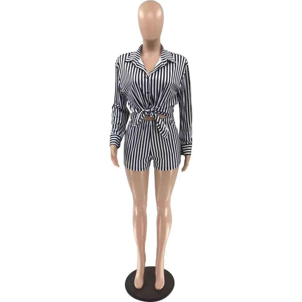 Ladies Shorts and Top Set Women Shirt 2 Piece Summer Shorts Set Casual Women Two Piece Stripes Short Set Women