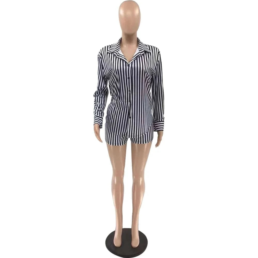 Ladies Shorts and Top Set Women Shirt 2 Piece Summer Shorts Set Casual Women Two Piece Stripes Short Set Women