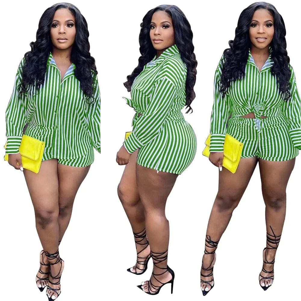 Ladies Shorts and Top Set Women Shirt 2 Piece Summer Shorts Set Casual Women Two Piece Stripes Short Set Women