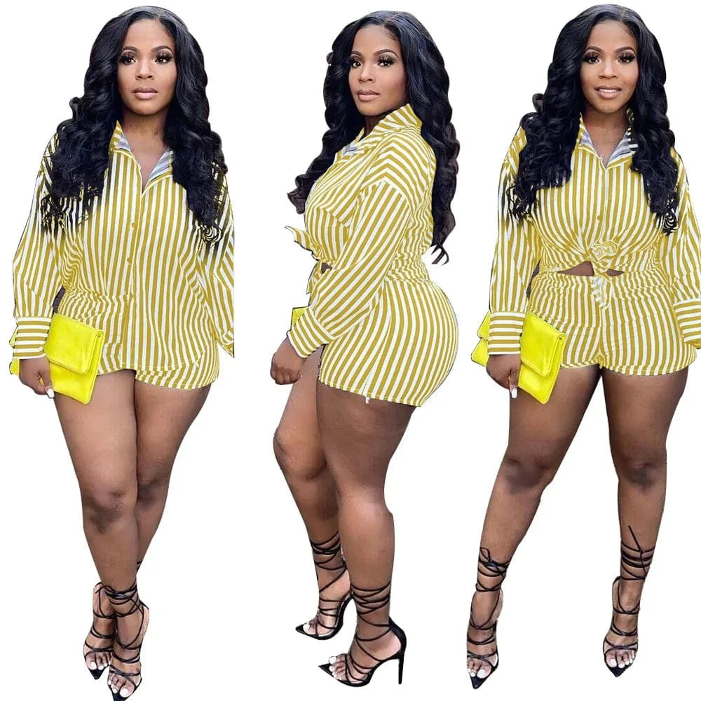 Ladies Shorts and Top Set Women Shirt 2 Piece Summer Shorts Set Casual Women Two Piece Stripes Short Set Women