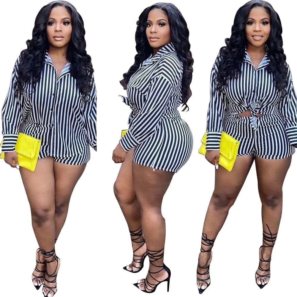 Ladies Shorts and Top Set Women Shirt 2 Piece Summer Shorts Set Casual Women Two Piece Stripes Short Set Women