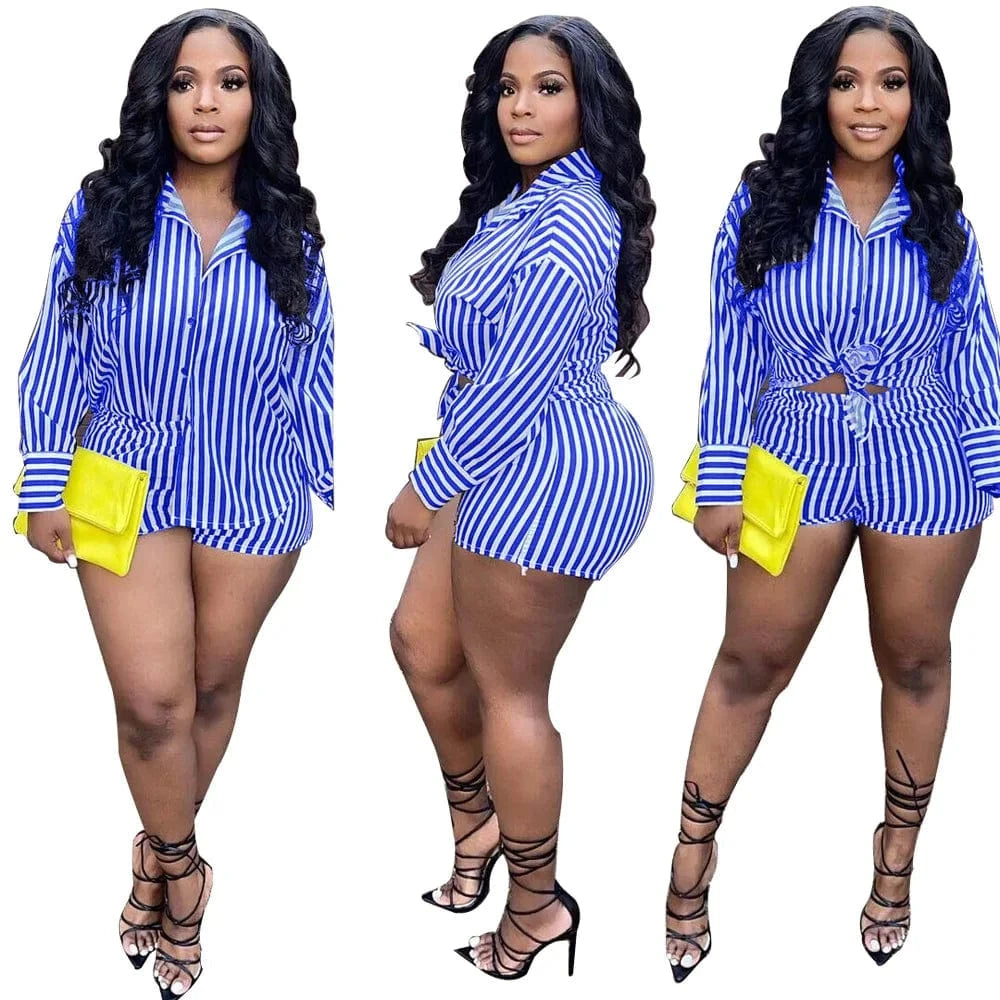 Ladies Shorts and Top Set Women Shirt 2 Piece Summer Shorts Set Casual Women Two Piece Stripes Short Set Women