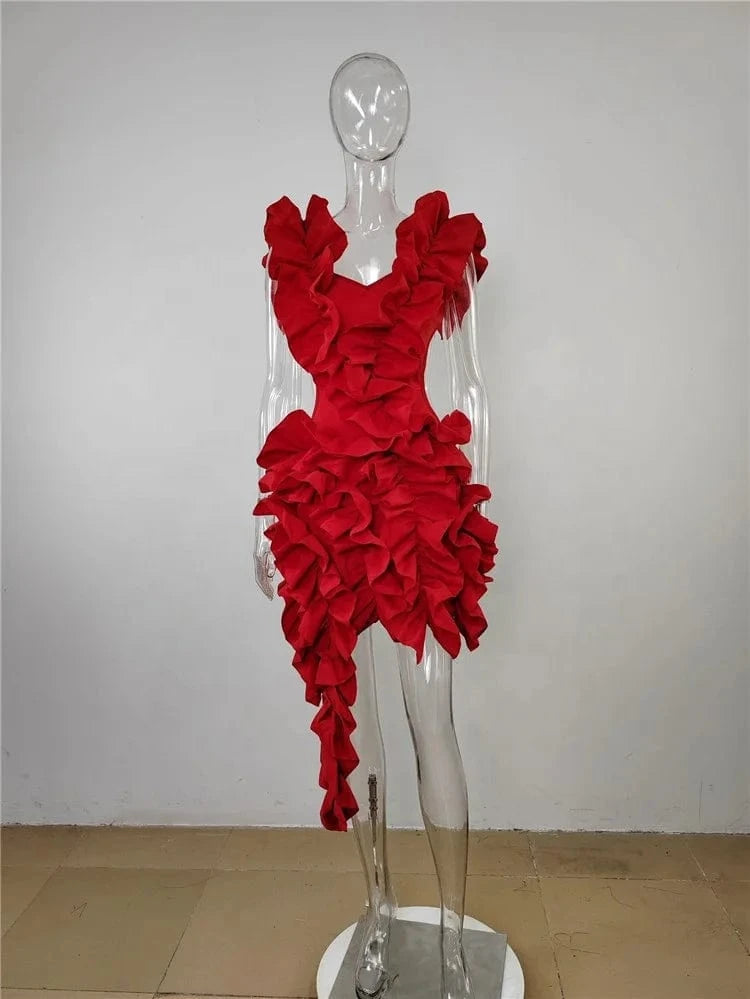 Ladies Spring Sleeveless Backless V-Neck Ruffle New Fashion Mini Dresses For Women Asymmetrical Ball Gown Evening Party Clubwear