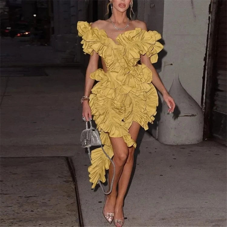 Ladies Spring Sleeveless Backless V-Neck Ruffle New Fashion Mini Dresses For Women Asymmetrical Ball Gown Evening Party Clubwear