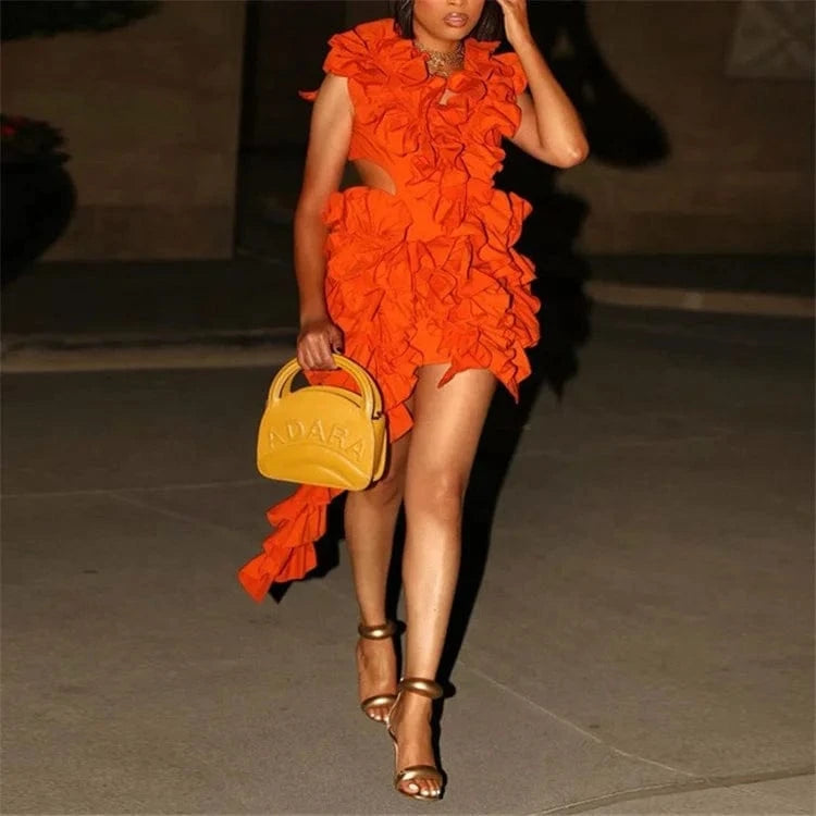 Ladies Spring Sleeveless Backless V-Neck Ruffle New Fashion Mini Dresses For Women Asymmetrical Ball Gown Evening Party Clubwear