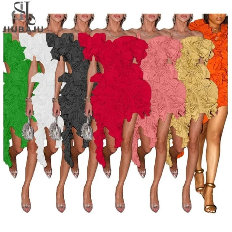 Ladies Spring Sleeveless Backless V-Neck Ruffle New Fashion Mini Dresses For Women Asymmetrical Ball Gown Evening Party Clubwear