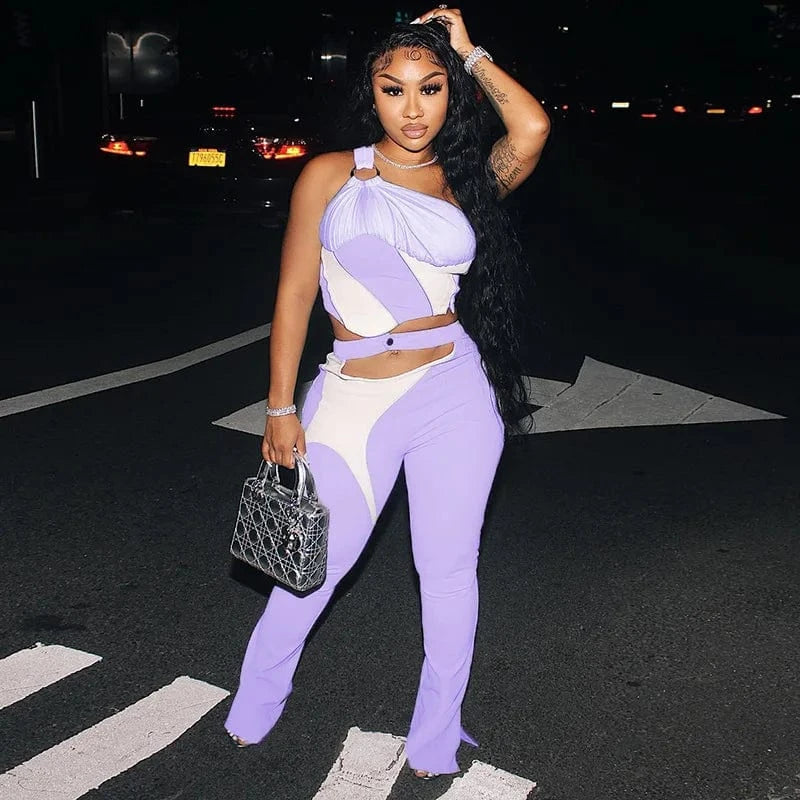 Ladies Top and Pants Set Patchwork Mujer Top 2 Piece Women Set Hollow out Navel Two Piece Pants Fall 2022 Women Clothes