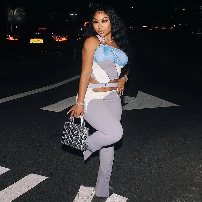 Ladies Top and Pants Set Patchwork Mujer Top 2 Piece Women Set Hollow out Navel Two Piece Pants Fall 2022 Women Clothes