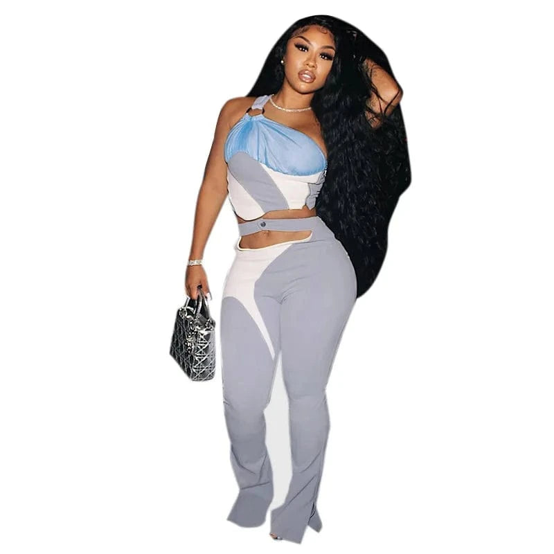 Ladies Top and Pants Set Patchwork Mujer Top 2 Piece Women Set Hollow out Navel Two Piece Pants Fall 2022 Women Clothes