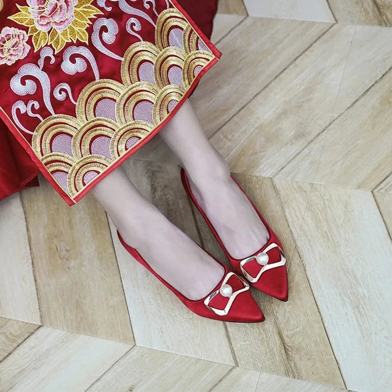 Ladies Wedding Bridal Sandals Shallow Blossom Pearls Female Block Heels Women Outside Banquet Dress Pumps Shoes