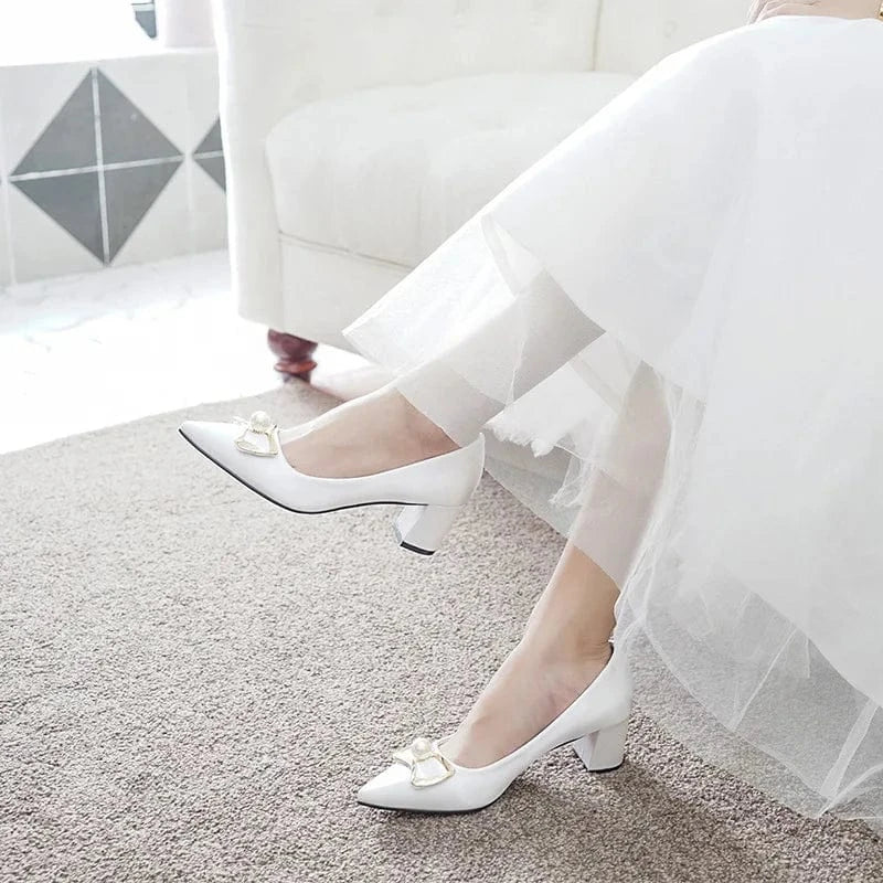Ladies Wedding Bridal Sandals Shallow Blossom Pearls Female Block Heels Women Outside Banquet Dress Pumps Shoes