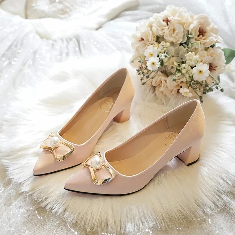 Ladies Wedding Bridal Sandals Shallow Blossom Pearls Female Block Heels Women Outside Banquet Dress Pumps Shoes