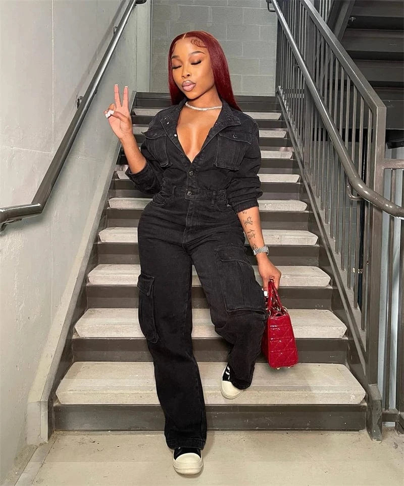 ladies women casual one piece overall denim jeans cargo jumpsuit women 2024 spring new arrivals outfit for ladies women jeans