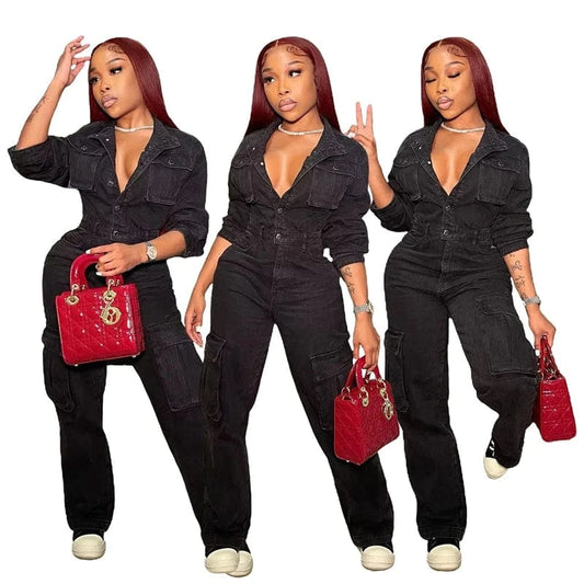 ladies women casual one piece overall denim jeans cargo jumpsuit women 2024 spring new arrivals outfit for ladies women jeans