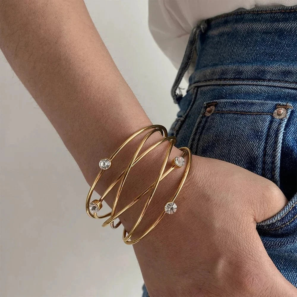 Ladies Women Fashion Jewelry Gold Expandable Inspired Designer Bangle Stackable Cable Wire Open Cuff Bangle Bracelet Set