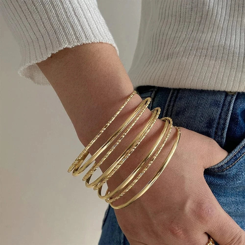 Ladies Women Fashion Jewelry Gold Expandable Inspired Designer Bangle Stackable Cable Wire Open Cuff Bangle Bracelet Set