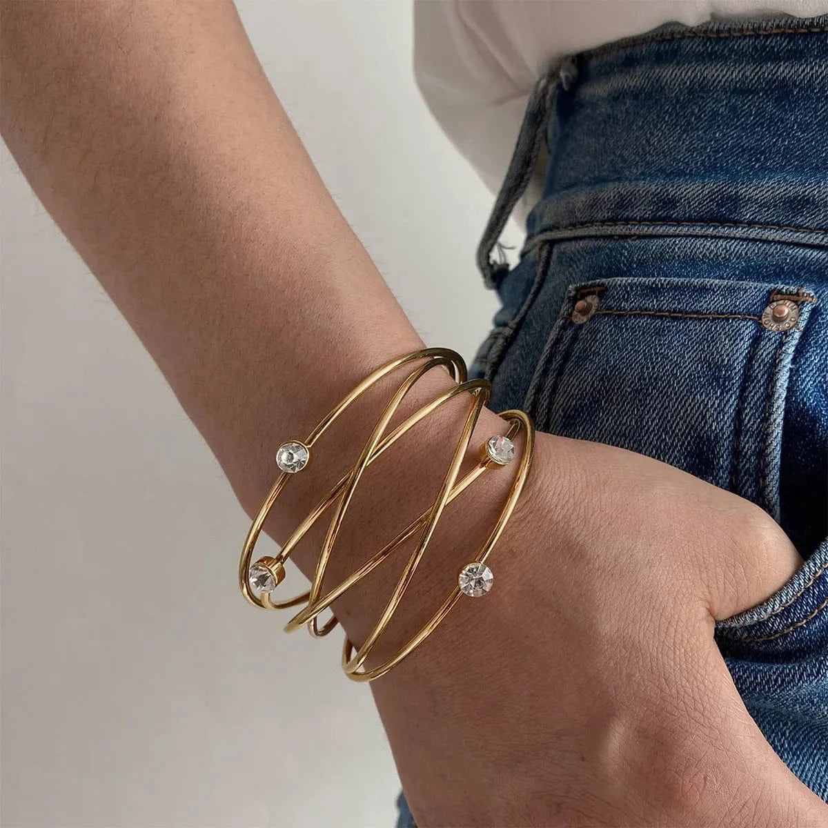 Ladies Women Fashion Jewelry Gold Expandable Inspired Designer Bangle Stackable Cable Wire Open Cuff Bangle Bracelet Set