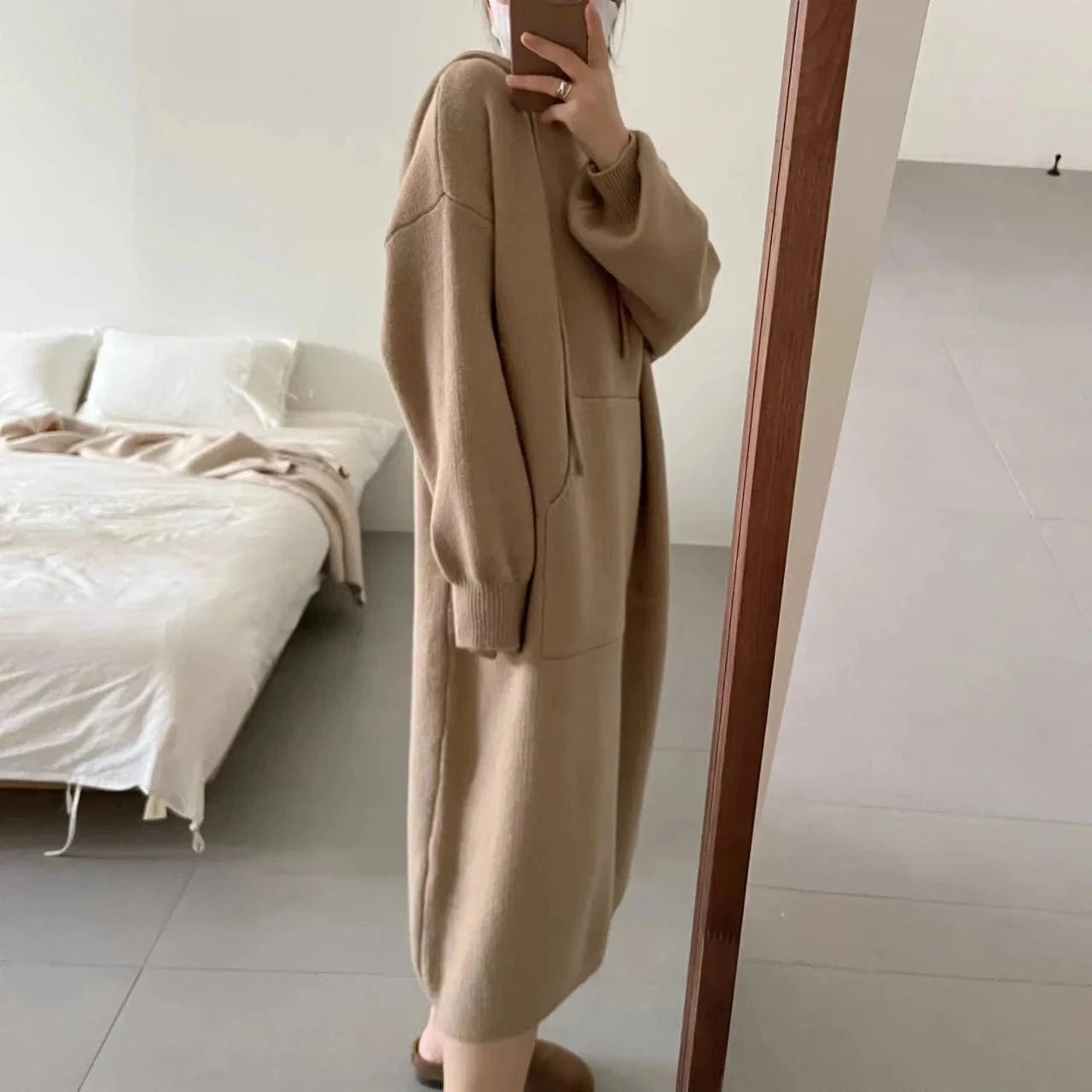 Lady Autumn Casual Hooded Dress Oversized Sweatshirt  Long Sleeve Loose Pocket Split Sweater Dress For Women