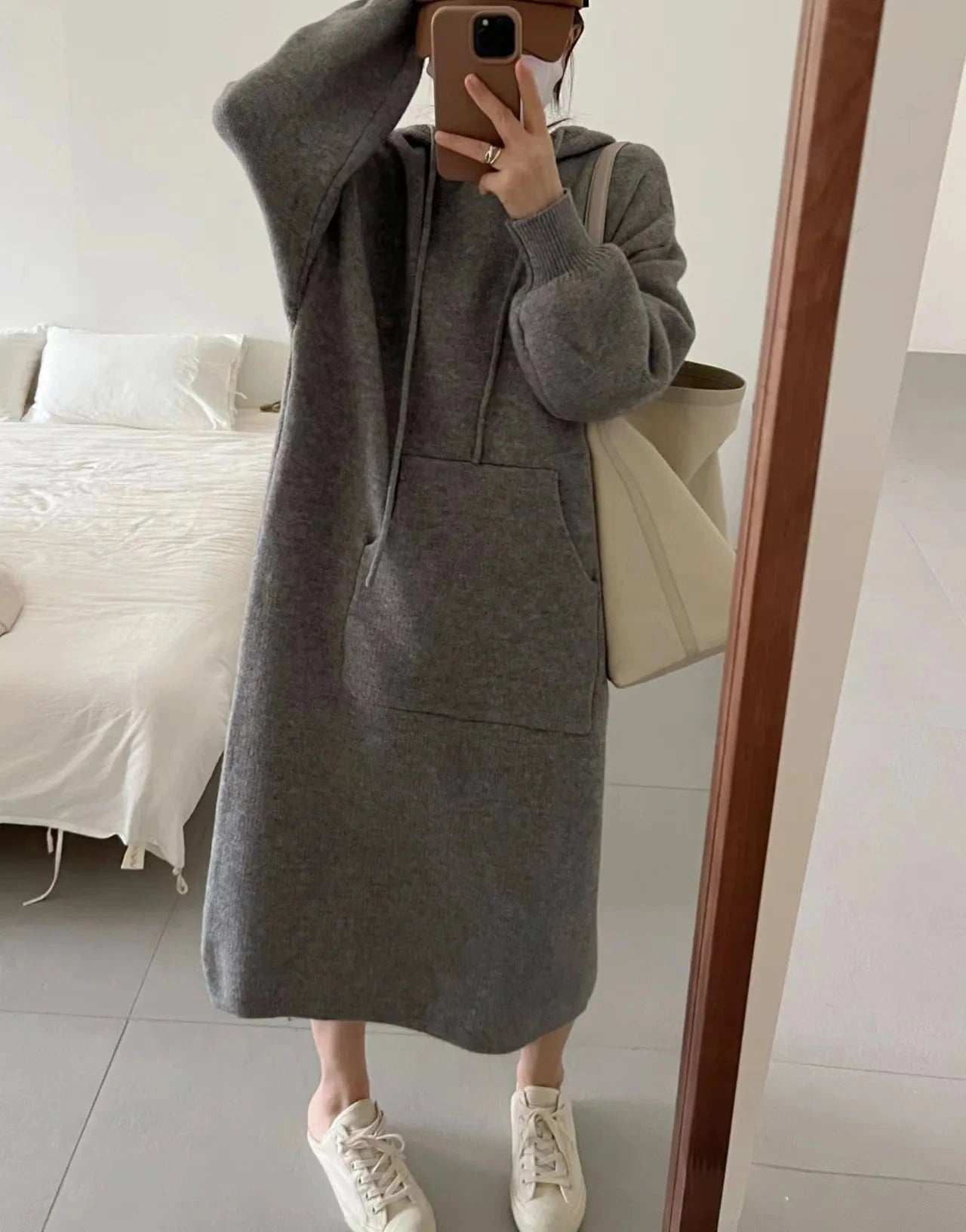 Lady Autumn Casual Hooded Dress Oversized Sweatshirt  Long Sleeve Loose Pocket Split Sweater Dress For Women