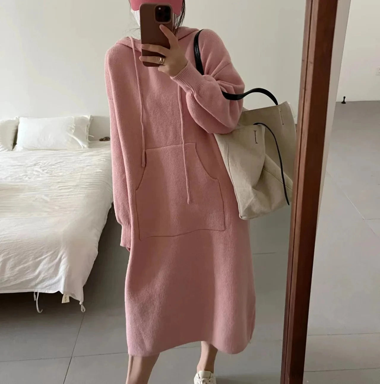Lady Autumn Casual Hooded Dress Oversized Sweatshirt  Long Sleeve Loose Pocket Split Sweater Dress For Women