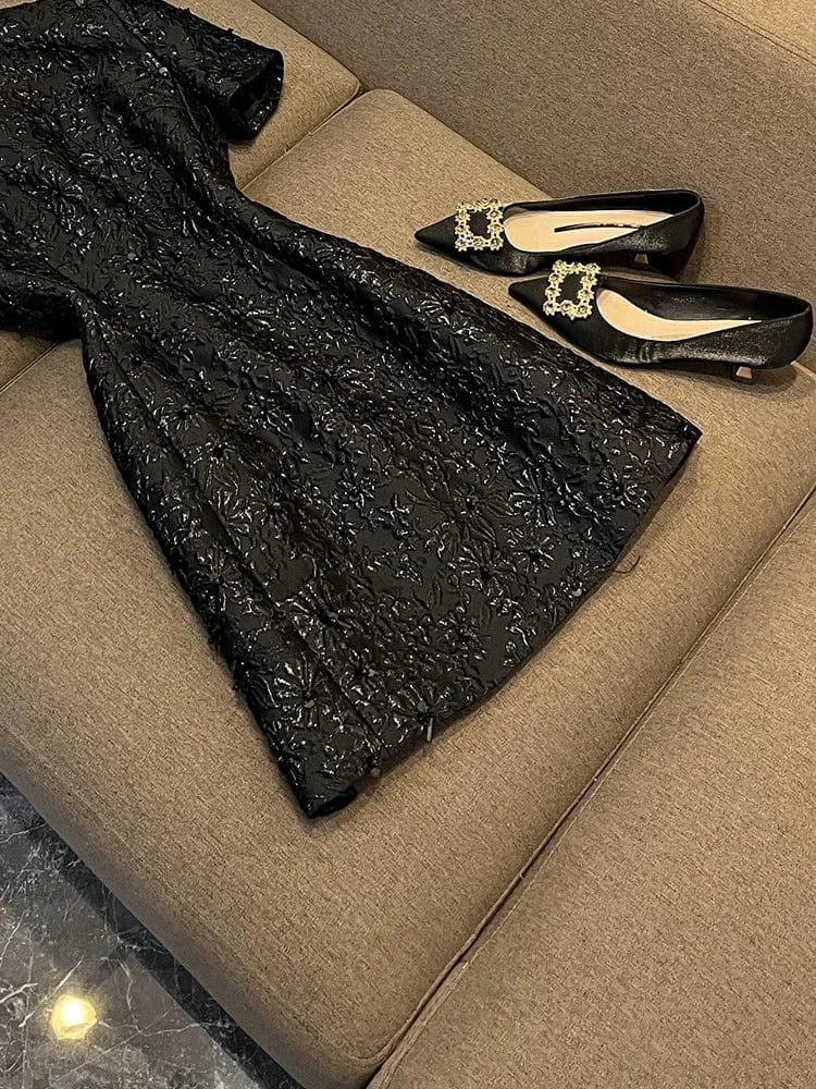 Lady Fine Workmanship Jacquard Casual Wear Short Sleeve O-neckline Shinny Sequins Women Mini Black Formal Dress