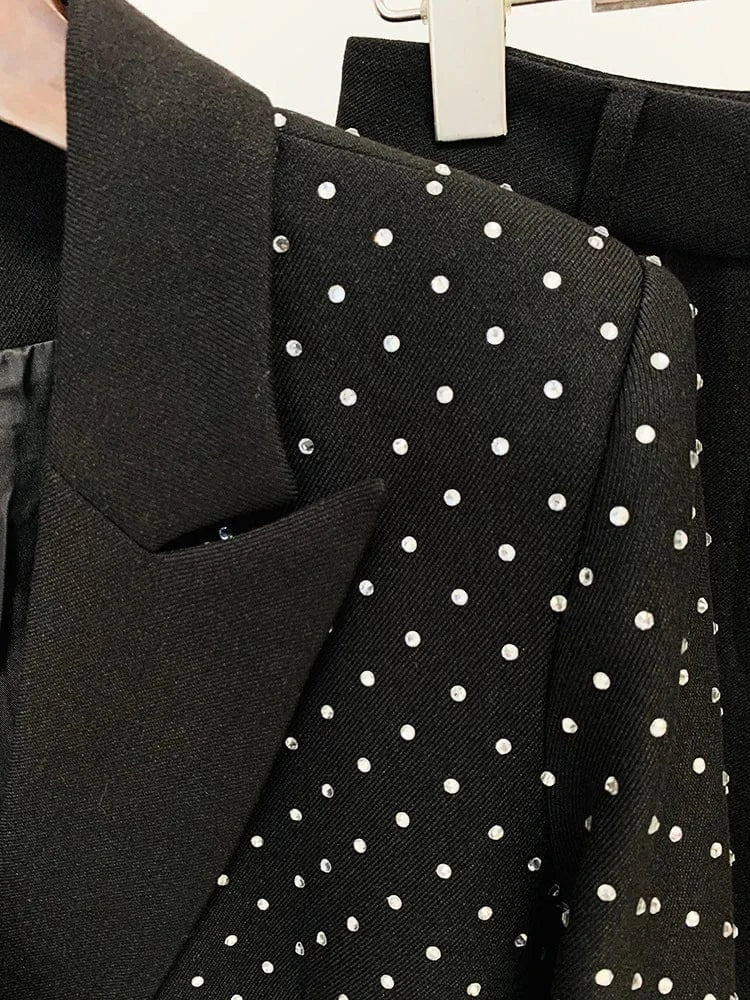 Lady Formal Workwear 2Pcs Fine Workmanship Stylish Hot Fix Rhinestone Single Button Blazer Flared Solid Pants Suit