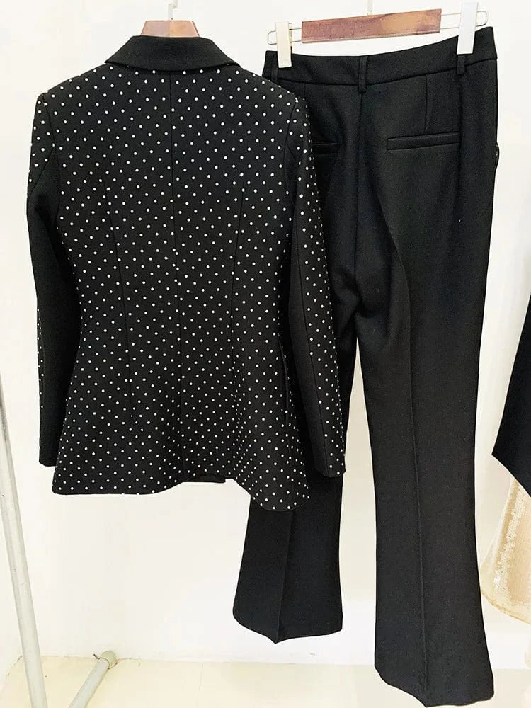Lady Formal Workwear 2Pcs Fine Workmanship Stylish Hot Fix Rhinestone Single Button Blazer Flared Solid Pants Suit
