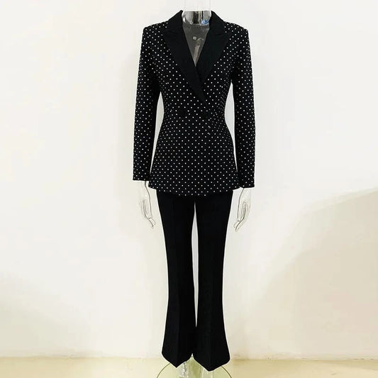 Lady Formal Workwear 2Pcs Fine Workmanship Stylish Hot Fix Rhinestone Single Button Blazer Flared Solid Pants Suit