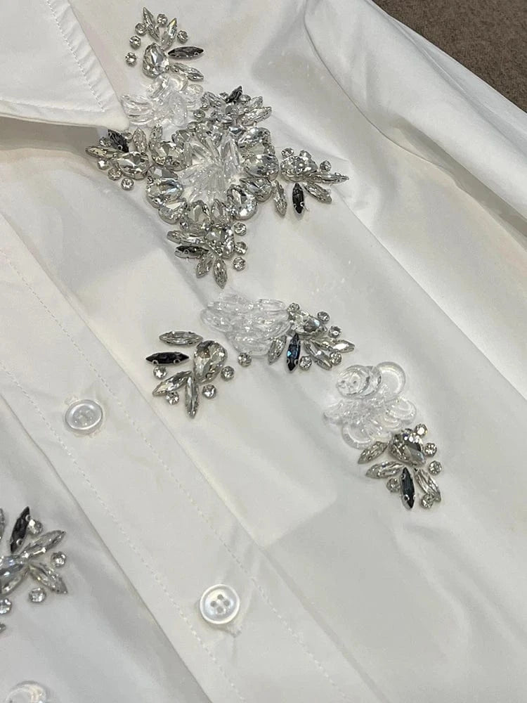 Lady Luxury Fine Workmanship Rhinestone Outwear Turn-down Collar Long Sleeve Single-breasted Women Short Shirts