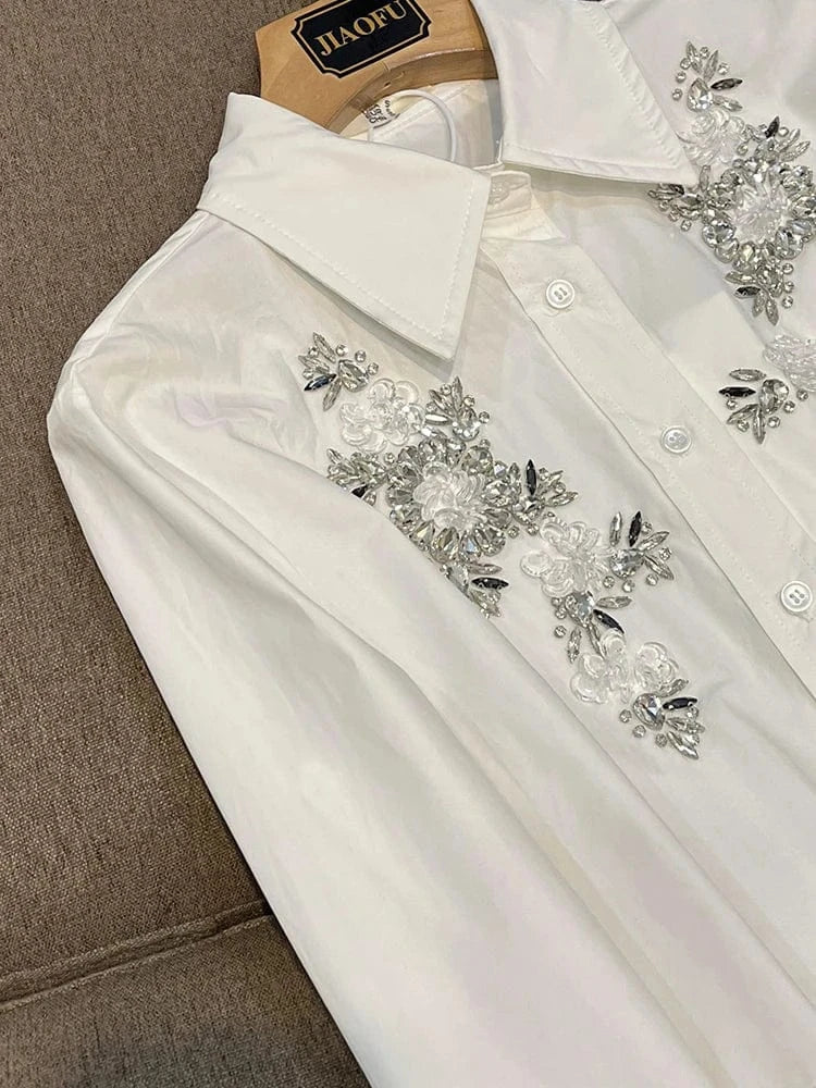 Lady Luxury Fine Workmanship Rhinestone Outwear Turn-down Collar Long Sleeve Single-breasted Women Short Shirts