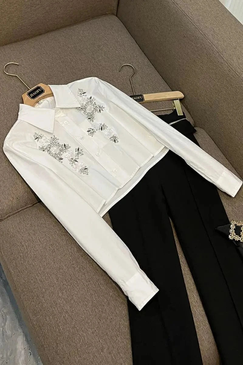 Lady Luxury Fine Workmanship Rhinestone Outwear Turn-down Collar Long Sleeve Single-breasted Women Short Shirts