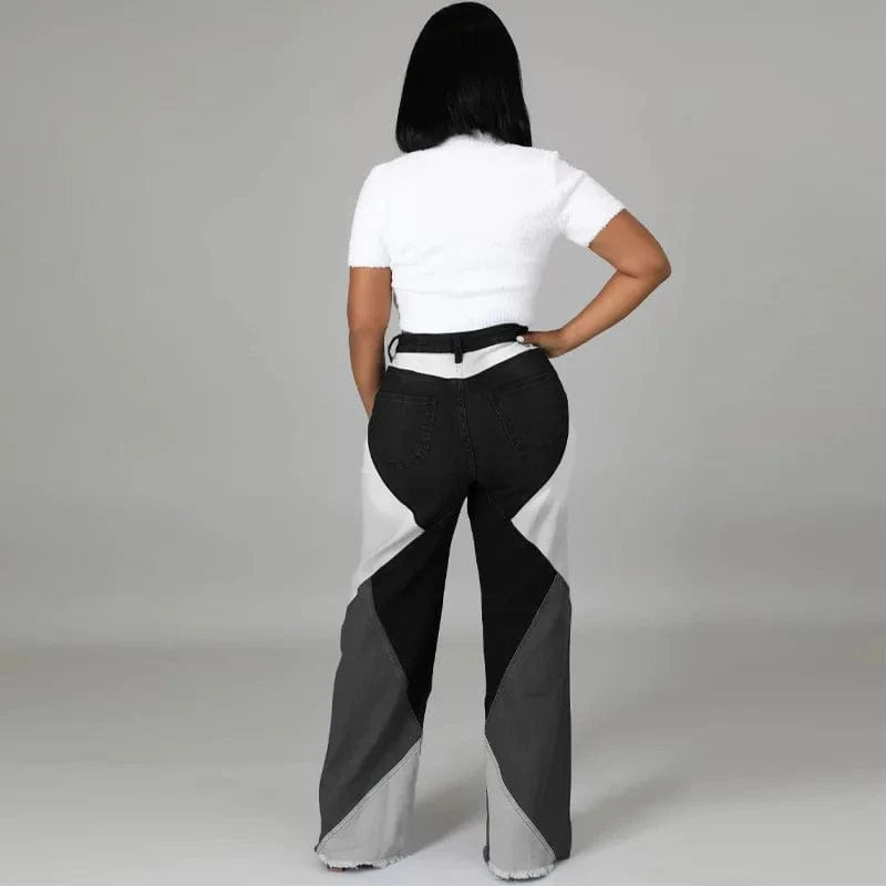 lady street fashion trend paneled wash jeans womens high waist wide leg raw denim trousers pants baggy Straight women's jeans