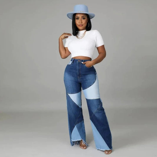 lady street fashion trend paneled wash jeans womens high waist wide leg raw denim trousers pants baggy Straight women's jeans