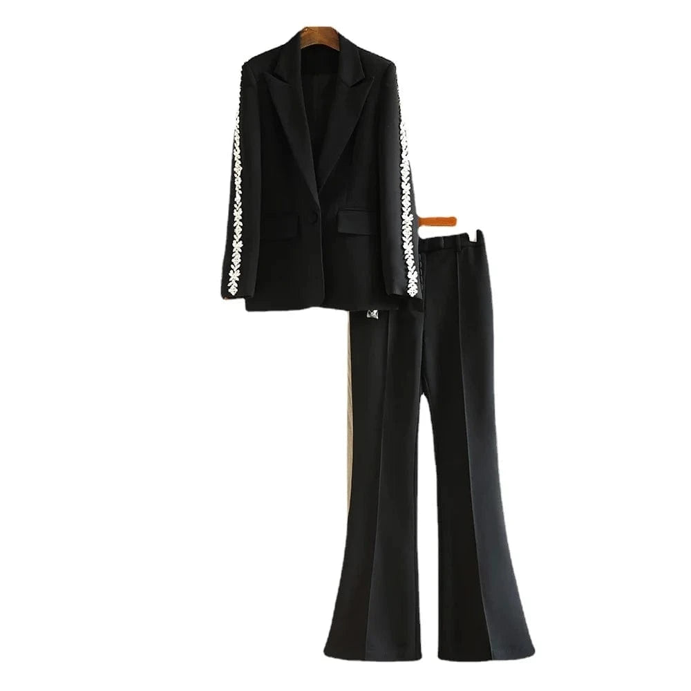 Lady Stylish Fine Workmanship Rhinestone Shoulder Sleeve Office Wear Single Button Blazer Flared Pants  2 Pieces Sets Women