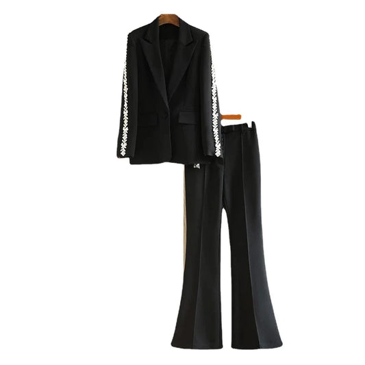 Lady Stylish Fine Workmanship Rhinestone Shoulder Sleeve Office Wear Single Button Blazer Flared Pants  2 Pieces Sets Women