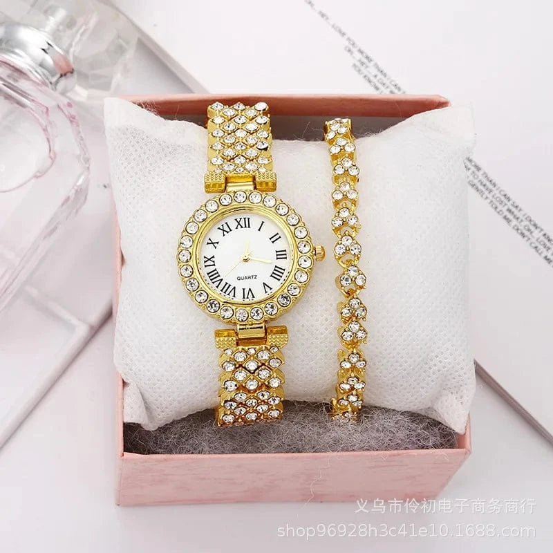 Lady watch / Gold Fashion Simple Ladies Bracelet Watch Gift Set Luxury Diamond Quartz Watch Women Relojes De Mujer
