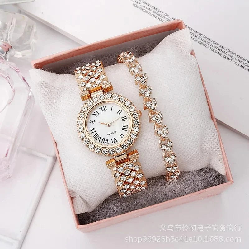 Lady watch / rose gold Fashion Simple Ladies Bracelet Watch Gift Set Luxury Diamond Quartz Watch Women Relojes De Mujer