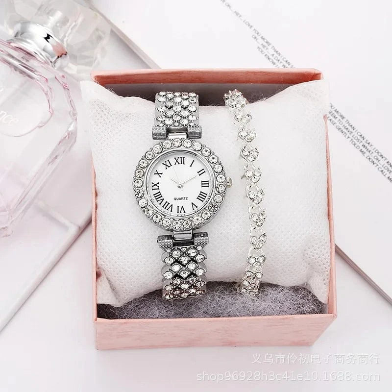 Lady watch / silver Fashion Simple Ladies Bracelet Watch Gift Set Luxury Diamond Quartz Watch Women Relojes De Mujer
