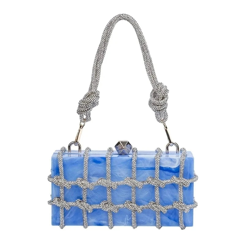 Lake Blue Transparent Wedding Party Handbags for Women Luxury Clear Acrylic Box Purse Woven Knotted Rhinestone Clutch Bag Evening Bags