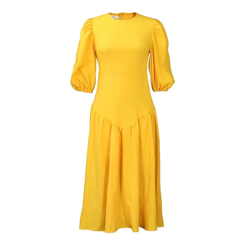 Lanxi New Model American Elegant Lady Africa Clothing Spring Long Puff Sleeve Pleat Casual Dresses Plus Size Fashion Dress Women