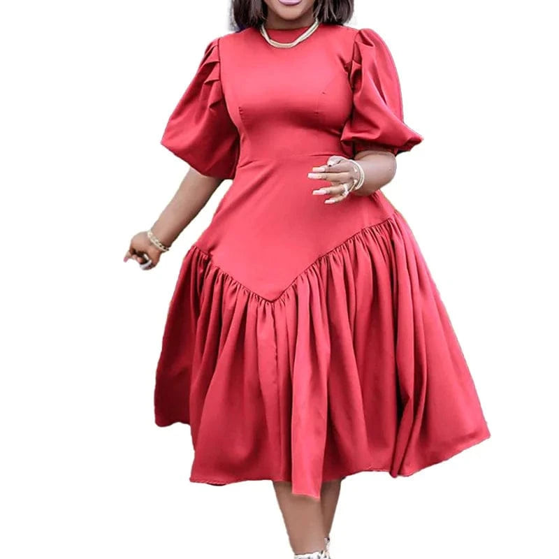 Lanxi New Model American Elegant Lady Africa Clothing Spring Long Puff Sleeve Pleat Casual Dresses Plus Size Fashion Dress Women